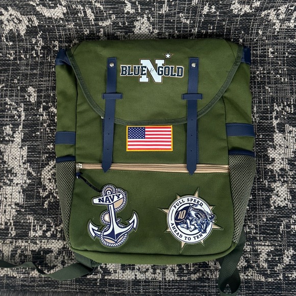 US Navy Blue & Gold Backpack OD Green Military Rucksack Beat Army Style Retro - Picture 1 of 8